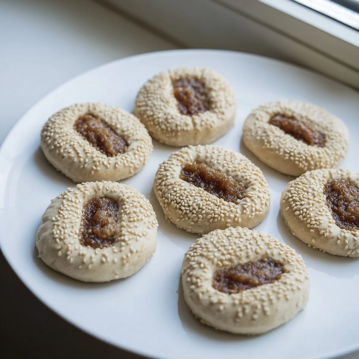 Golden, sesame-crusted Palestinian Kahk cookies, a delightful Middle Eastern treat, ready to enjoy.