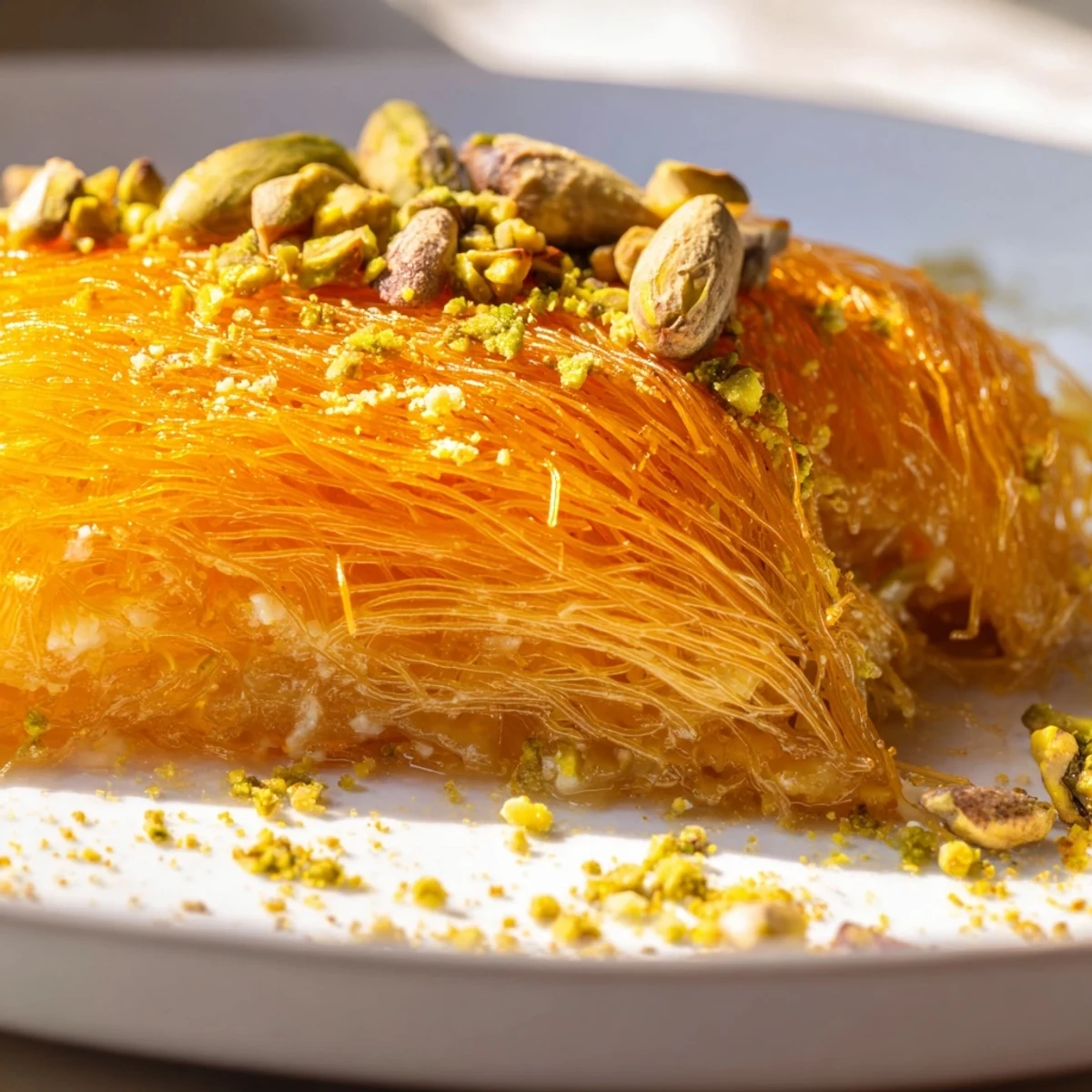 Lebanese Knafeh dessert, served warm, drizzled with syrup and sprinkled with pistachios.