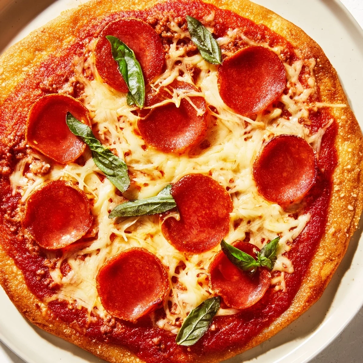 Savory ground beef pizza base topped with melted mozzarella and sizzling pepperoni, ready to enjoy.