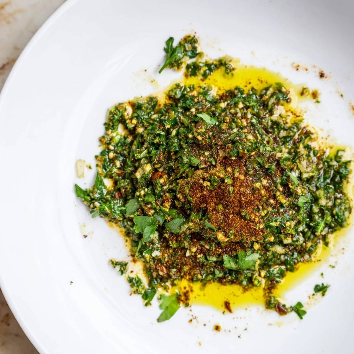 Vibrant bowl of Moroccan Chermoula Marinade, ready to coat fresh fish fillets with flavorful spices.