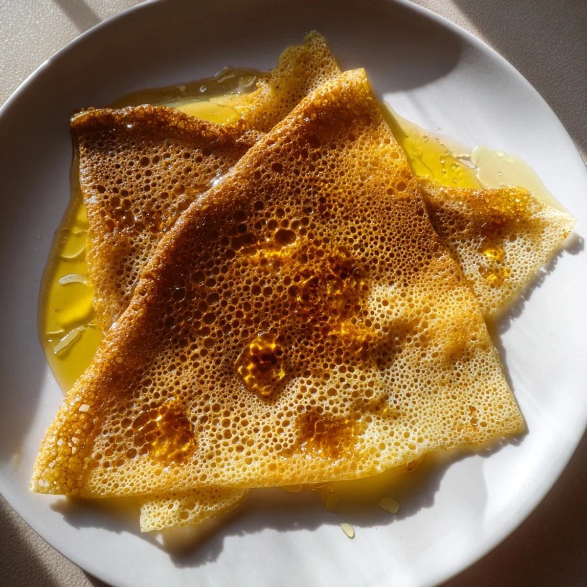 Fluffy Moroccan Baghrir pancakes, airy and golden, ready to be soaked in honey butter.
