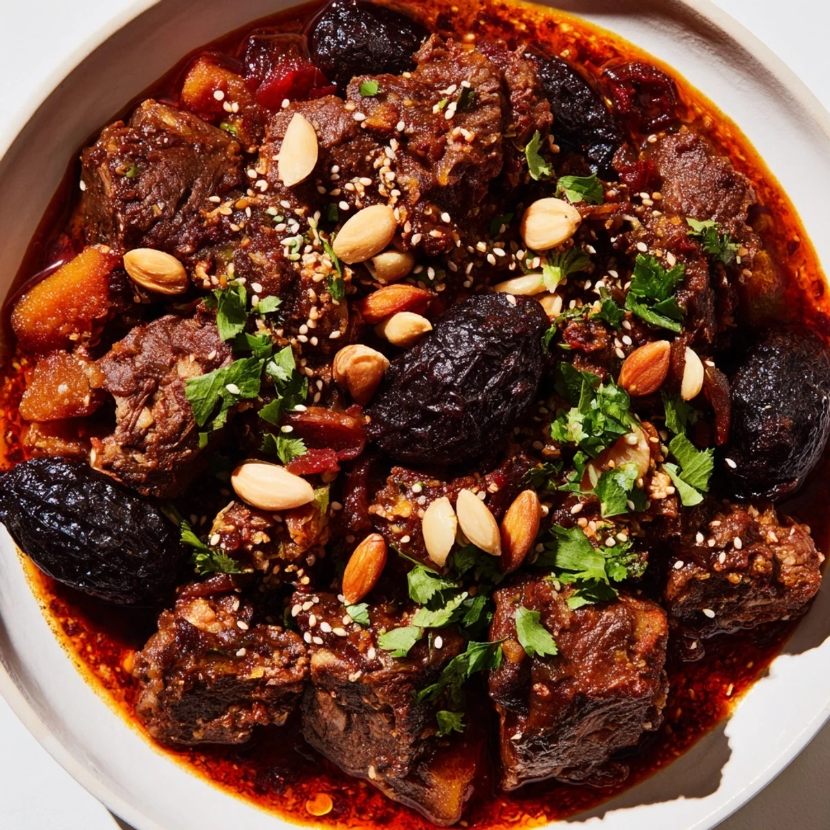 A steaming bowl of Moroccan lamb tagine with prunes and almonds is ready to savor.