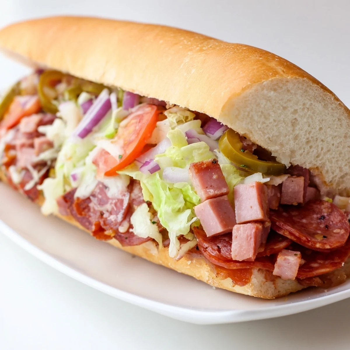A close-up of a loaded Chopped Italian Grinder sandwich, perfect for a quick and satisfying lunch.
