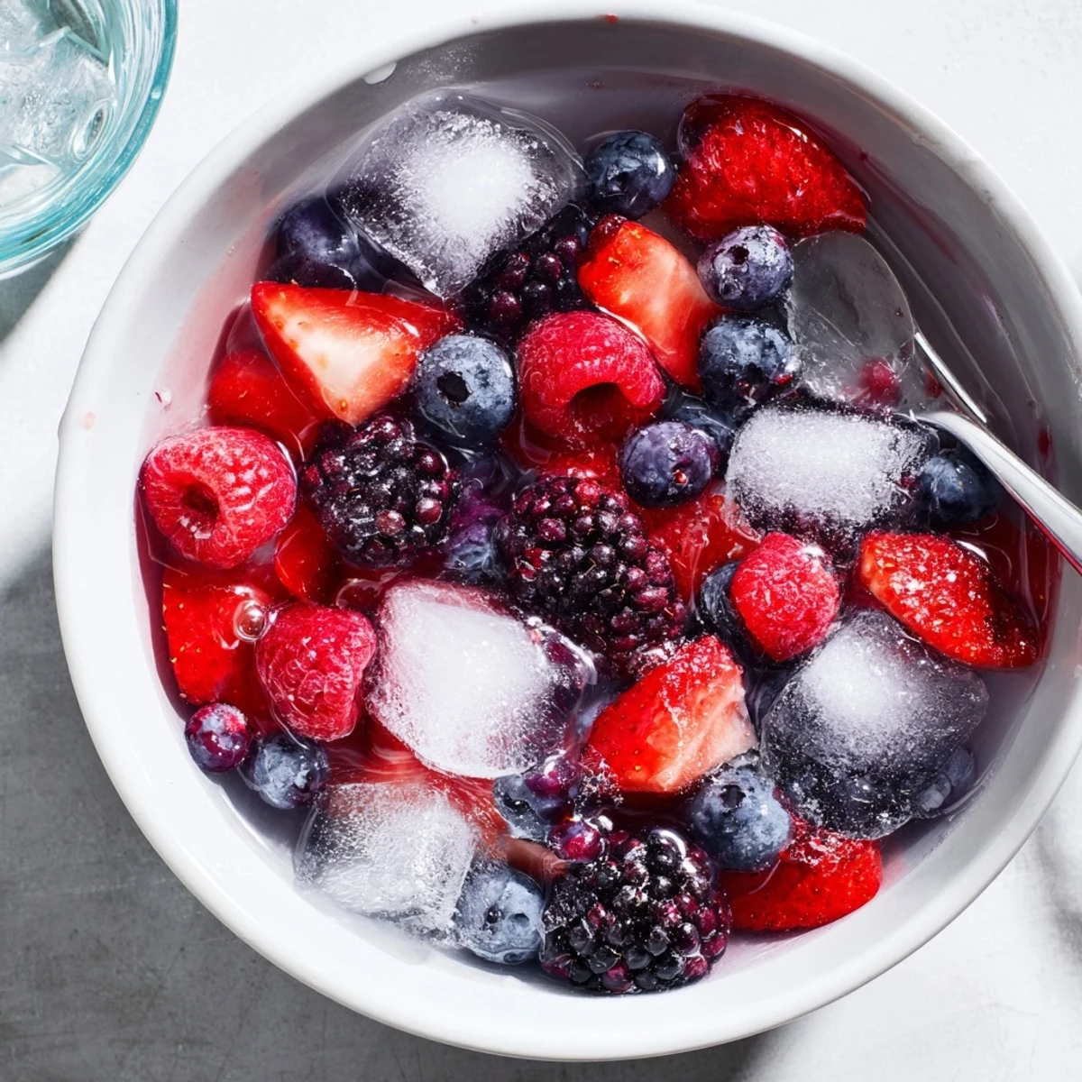 Die Natures Cereal Bowl serviert mit Eiswürfeln, ein erfrischender, einfacher Sommer-Snack.
