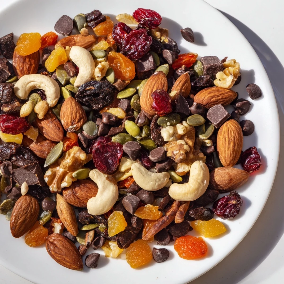 A colorful bowl of homemade trail mix, bursting with nuts, seeds, and chocolate chips.
