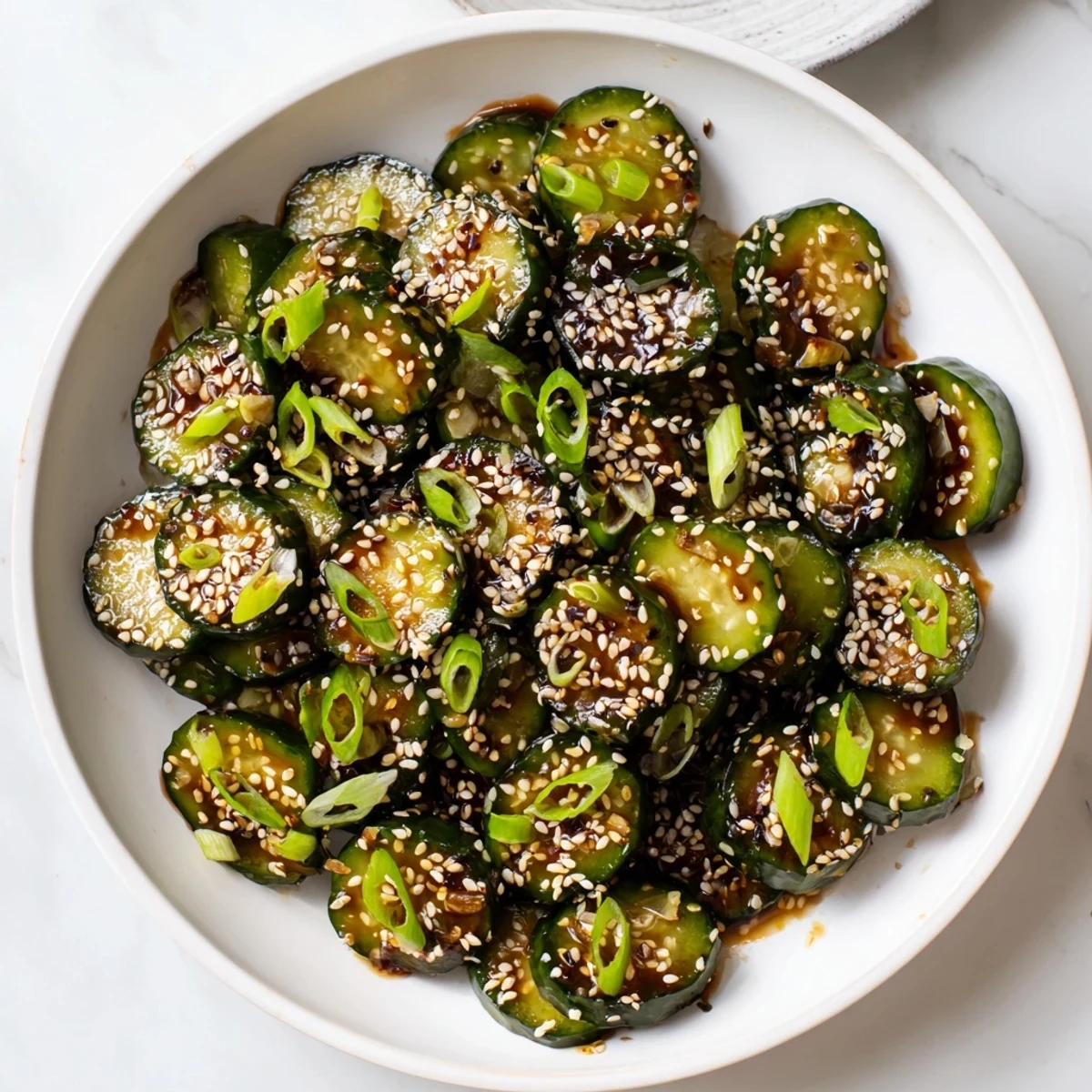 Close-up shot shows Shake Shake Garlic Cucumbers, glistening with a flavorful soy sauce dressing.
