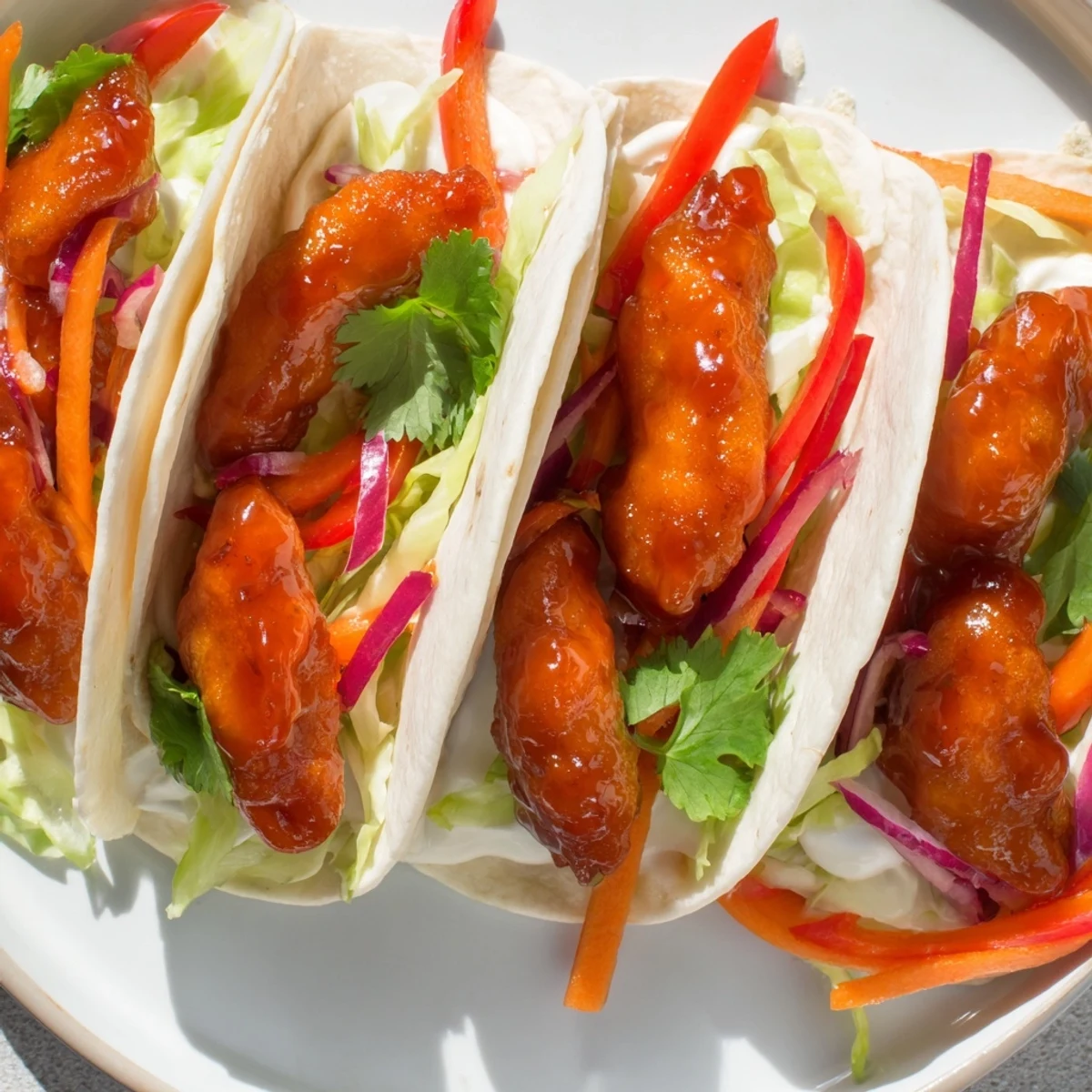 Honey Sriracha Chicken Wrap glistening with sauce, served with fresh vegetables, ready to eat.