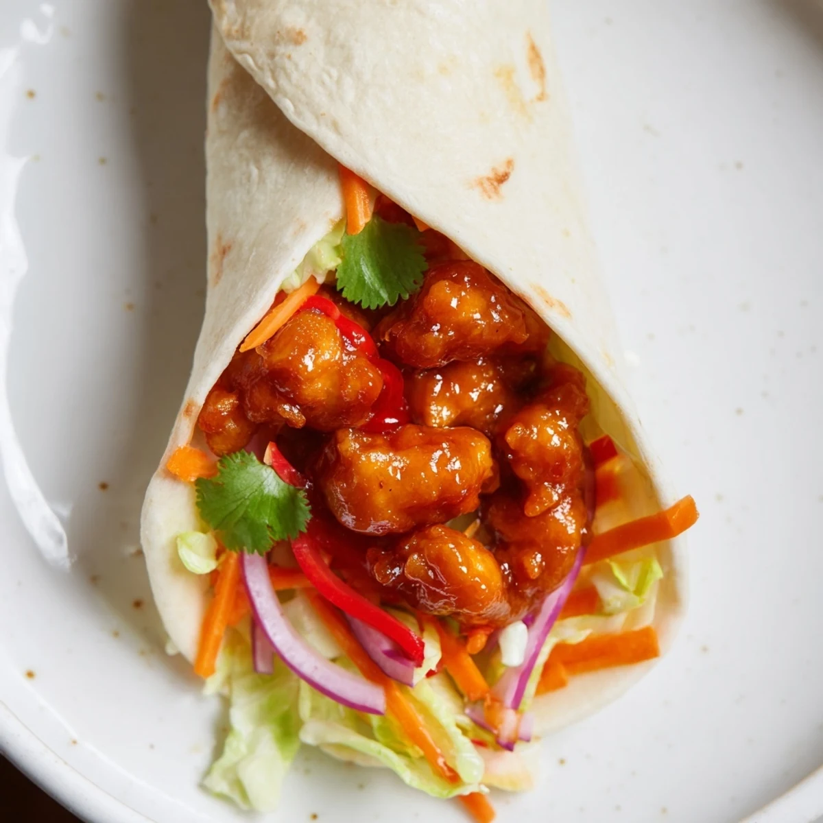A delicious Honey Sriracha Chicken Wrap alongside crisp vegetables, a quick and easy meal.
