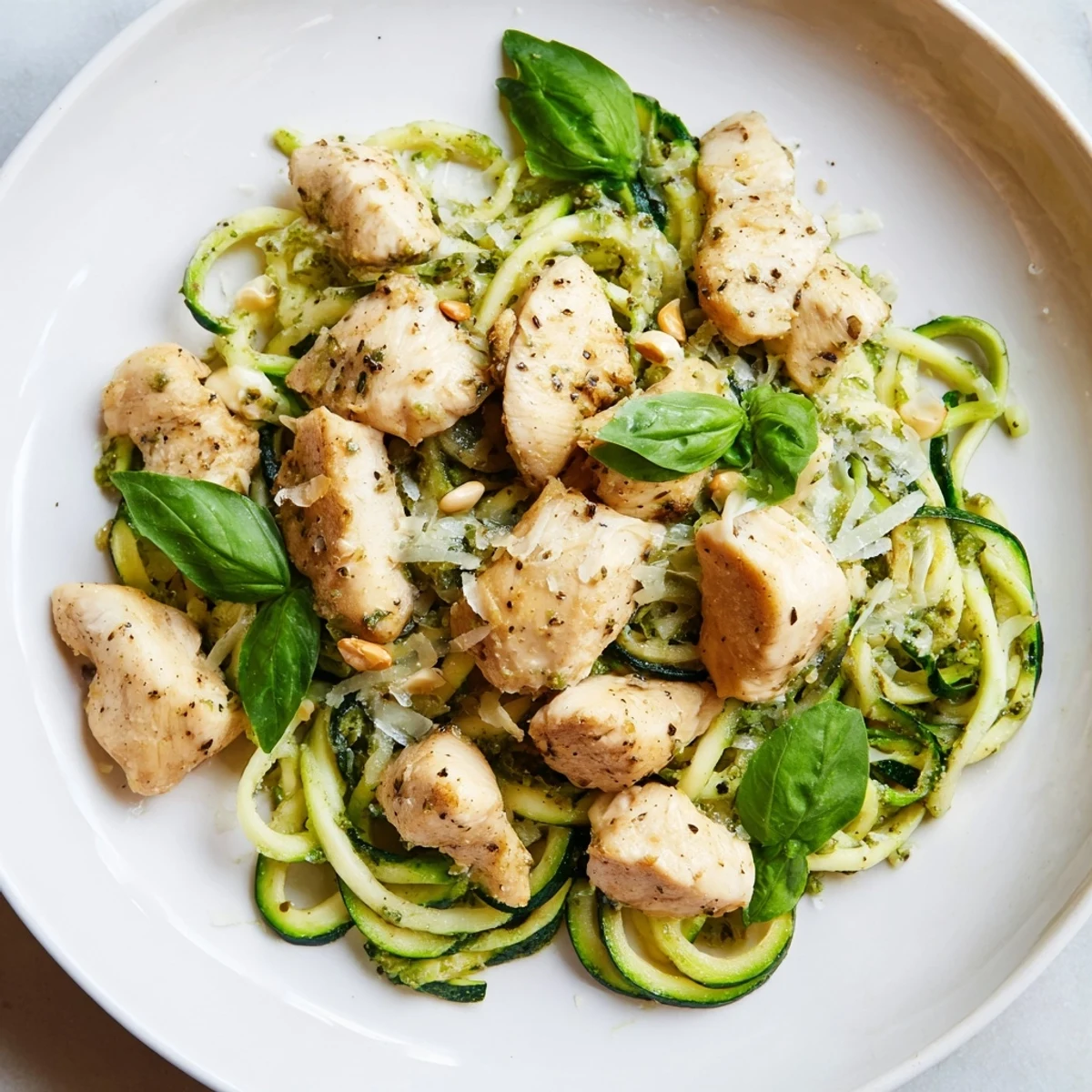Enjoy a close-up of a delightful Pesto Zucchini Chicken Bowl, perfect for a light and healthy dinner.