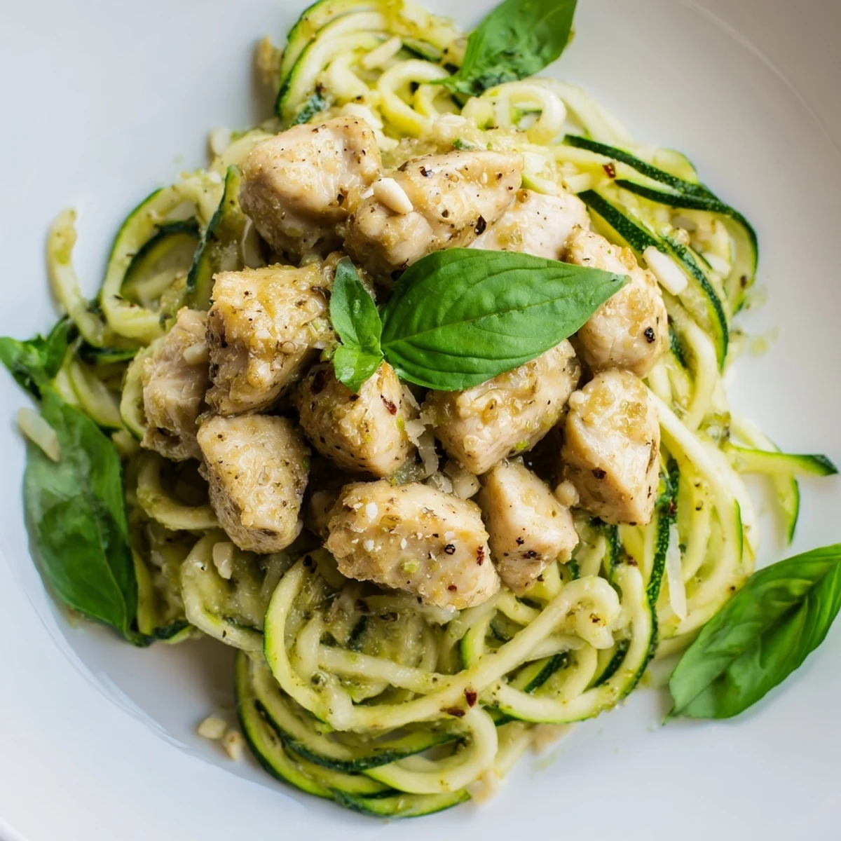 Vivid image of a delicious Pesto Zucchini Chicken Bowl, ready to serve with Parmesan and pine nuts.