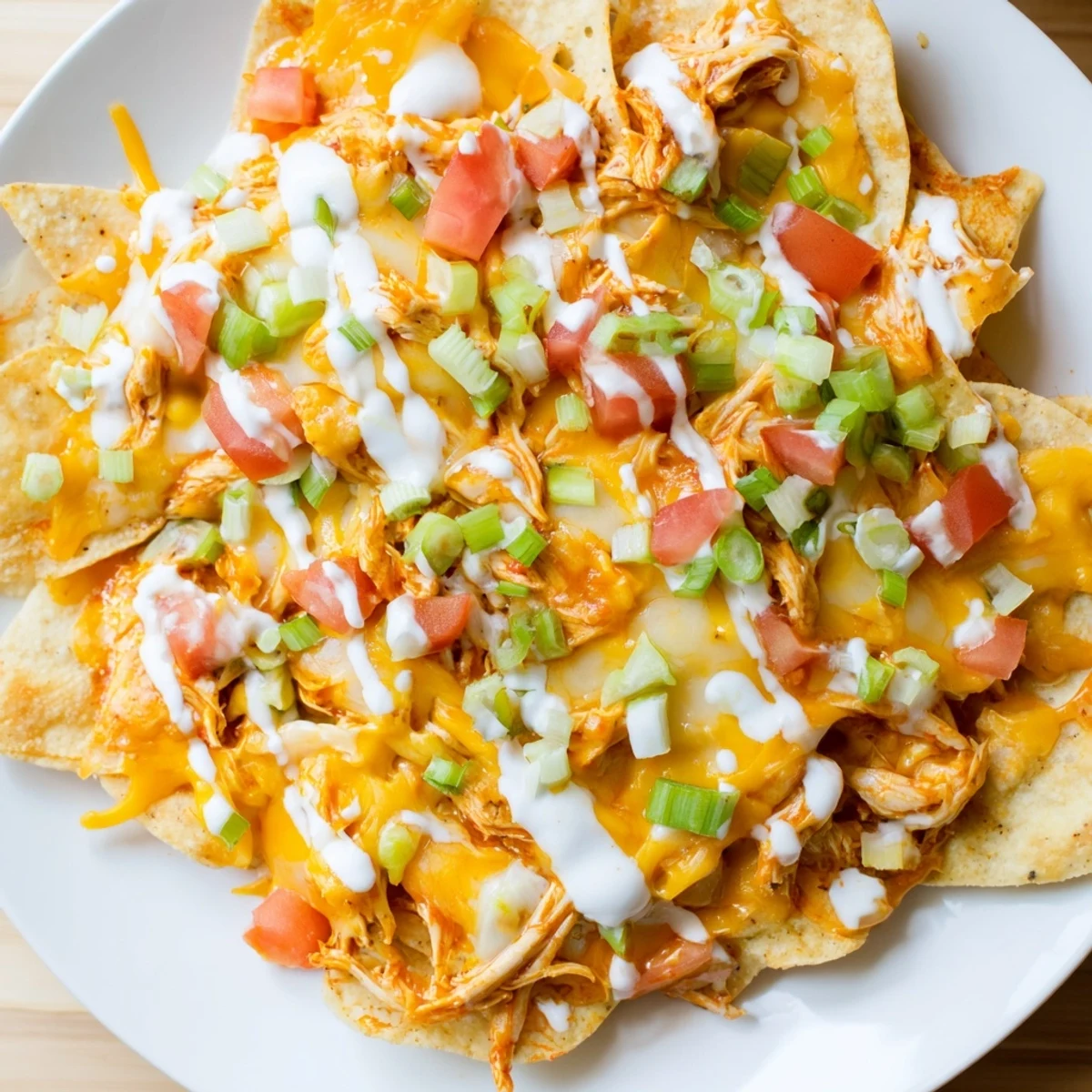 Golden, bubbly buffalo chicken nachos piled high for a delicious game-day appetizer.
