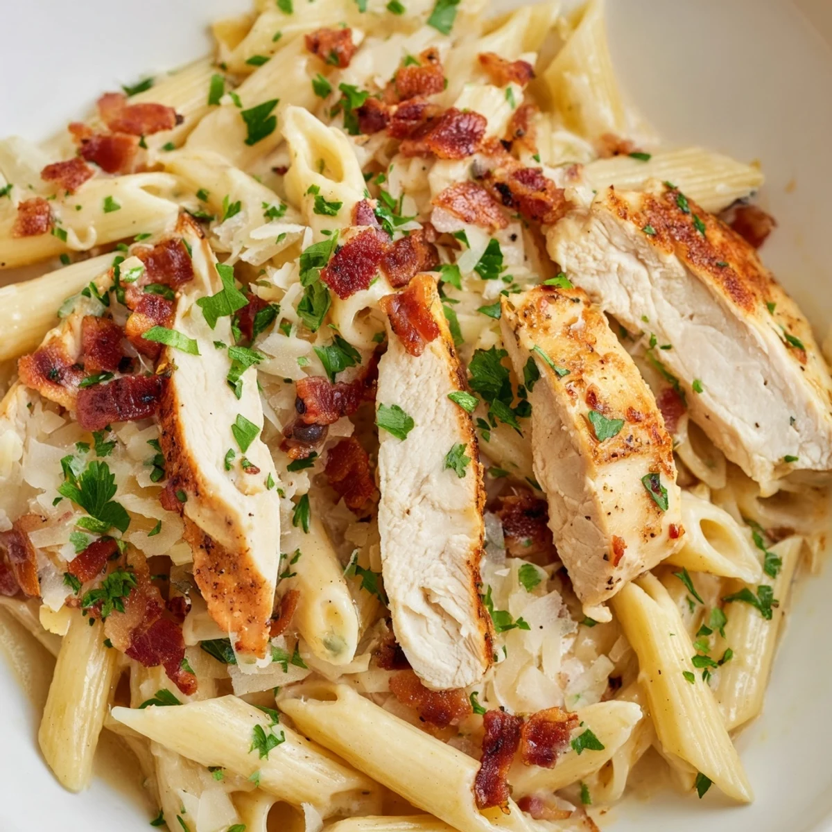 Creamy Chicken Bacon Penne, a comforting plate of pasta with chicken, smoky bacon, and creamy Parmesan sauce.