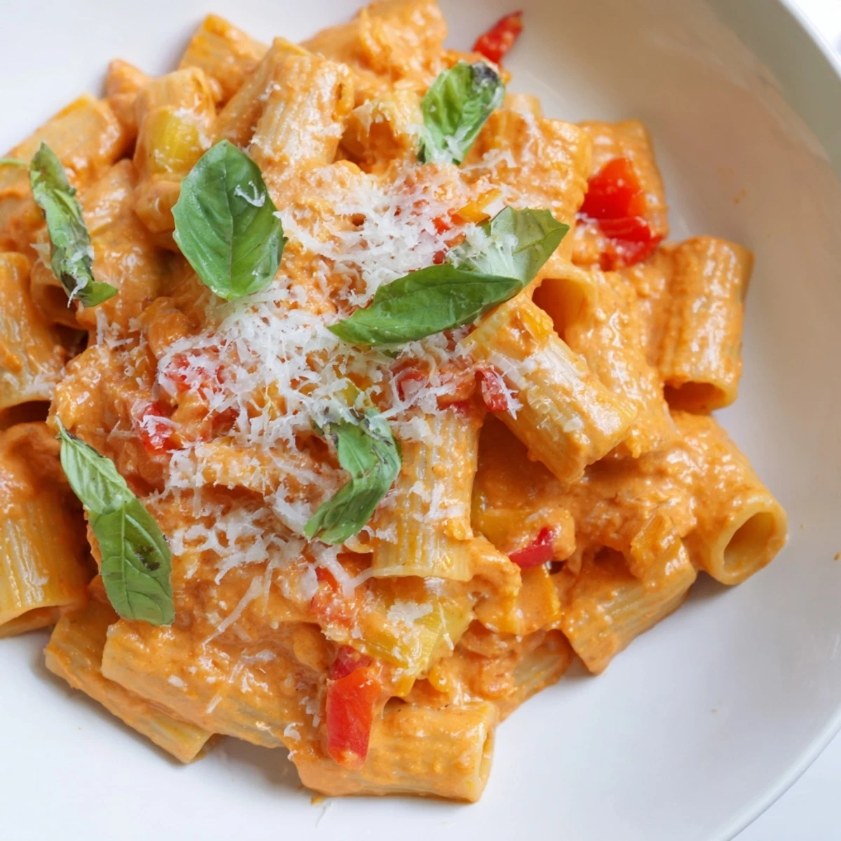 A close-up of delicious Roasted Red Pepper Pasta, garnished with Parmesan and fresh basil leaves.