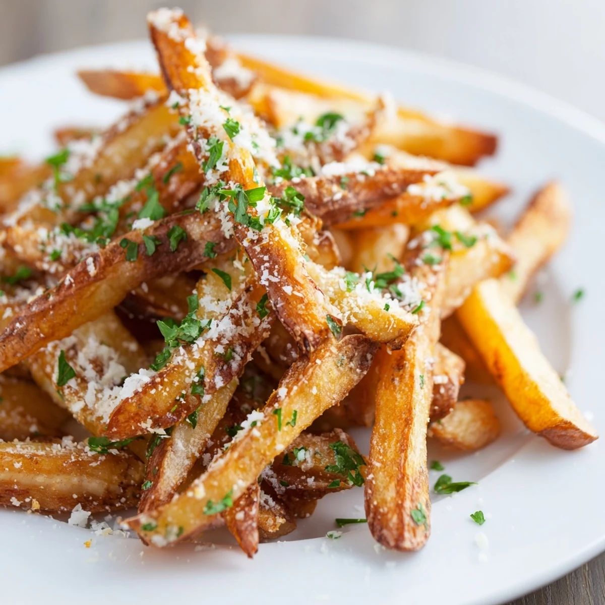 Hot, flavorful Truffle Parmesan Fries, picture in oven, with grated Parmesan and fragrant truffle.