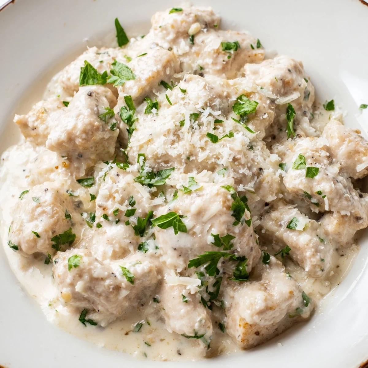 Juicy Creamy Garlic Chicken Bites glistening in a luscious, creamy garlic sauce, ready to serve.