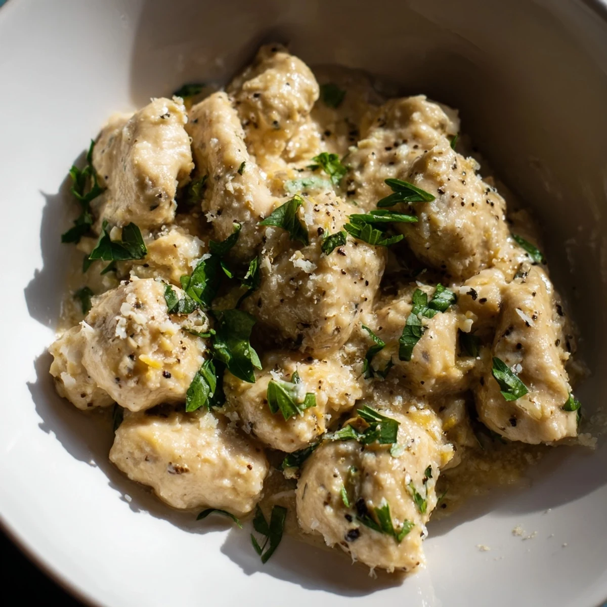 Close-up of golden Creamy Garlic Chicken Bites, seasoned and simmering in a rich, savory cream sauce.