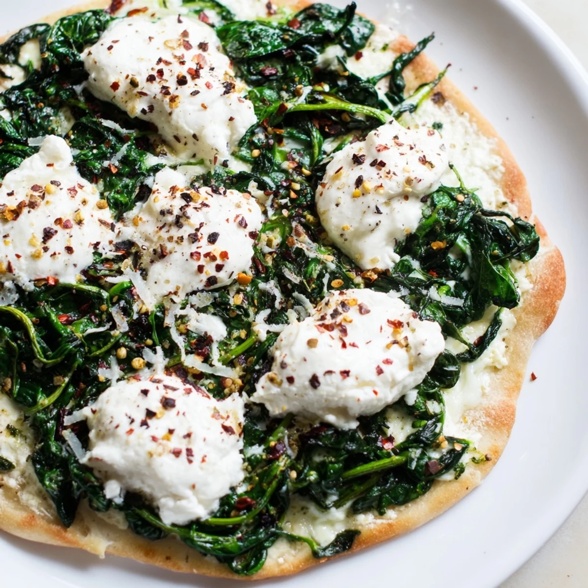 Freshly baked Spinach Ricotta Pizza, with creamy ricotta cheese, ready for a delicious vegetarian meal.
