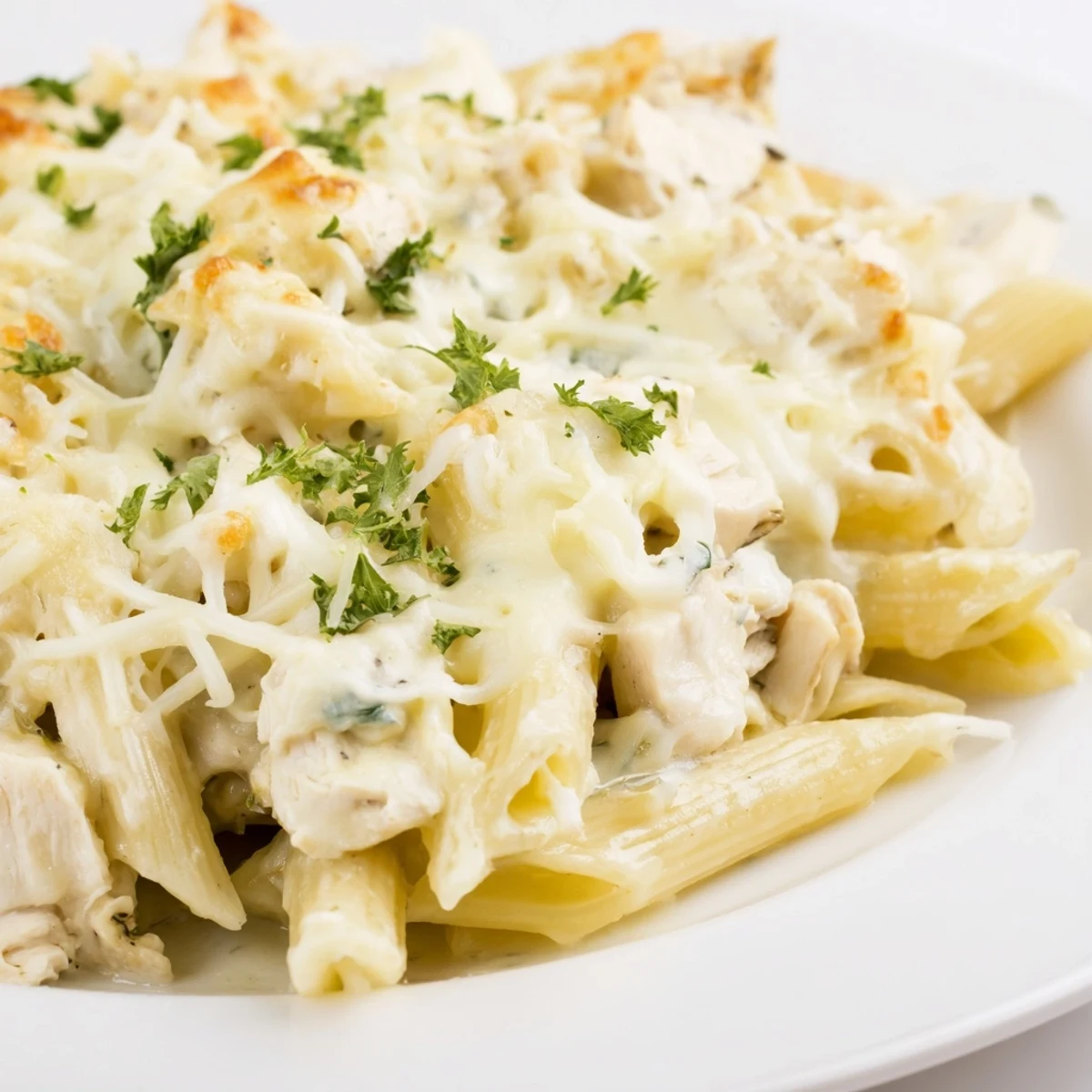 Close-up of a cheesy Chicken Alfredo Casserole, showcasing the tender chicken and pasta.
