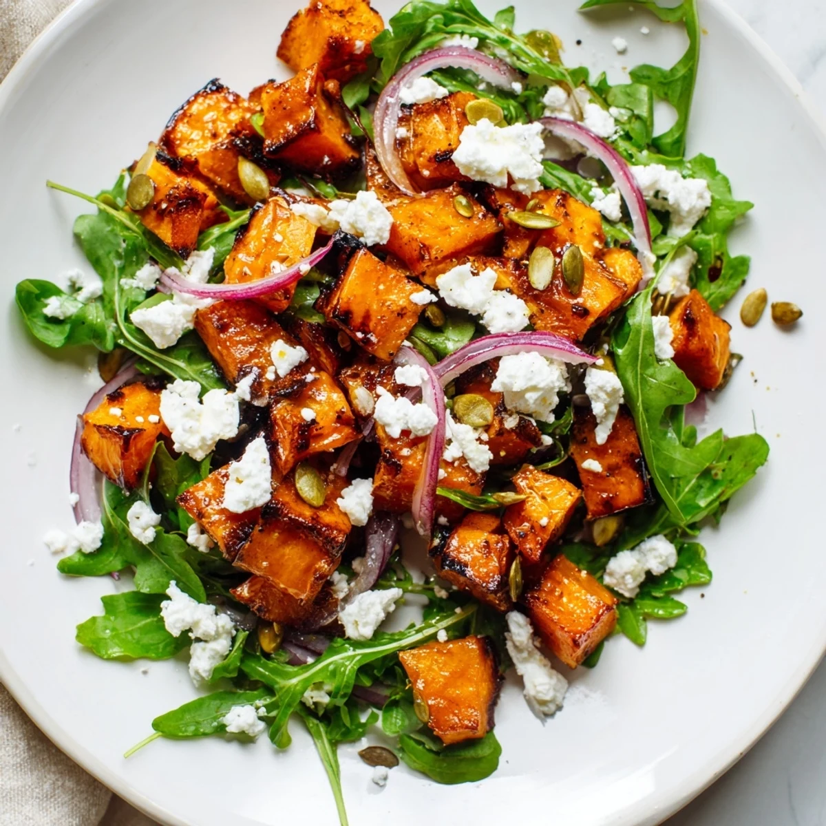 This flavorful roasted sweet potato salad features tender sweet potatoes and creamy feta cheese.