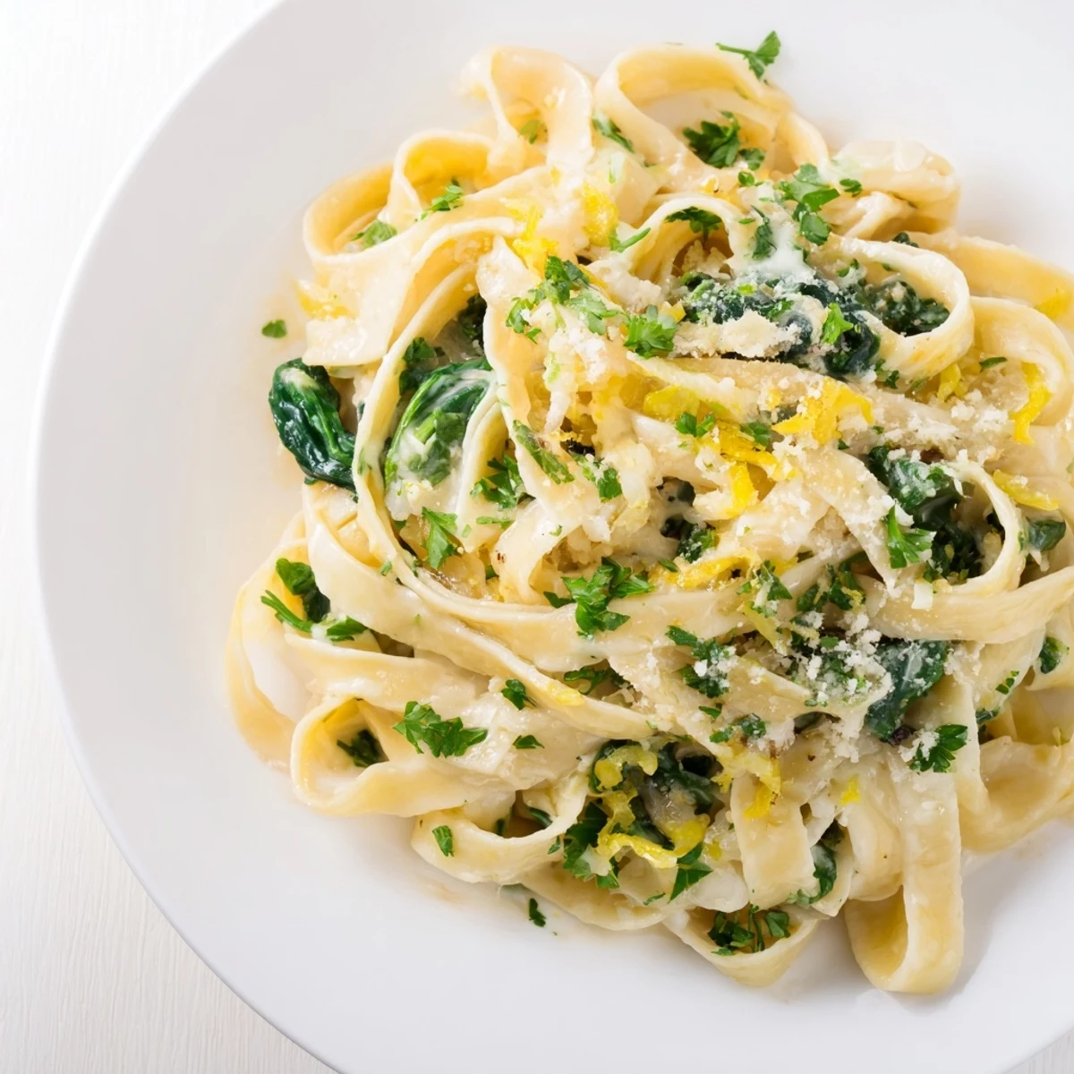 Creamy Garlic Spinach Pasta: A close-up of the finished dish, creamy sauce clinging to fettuccine.