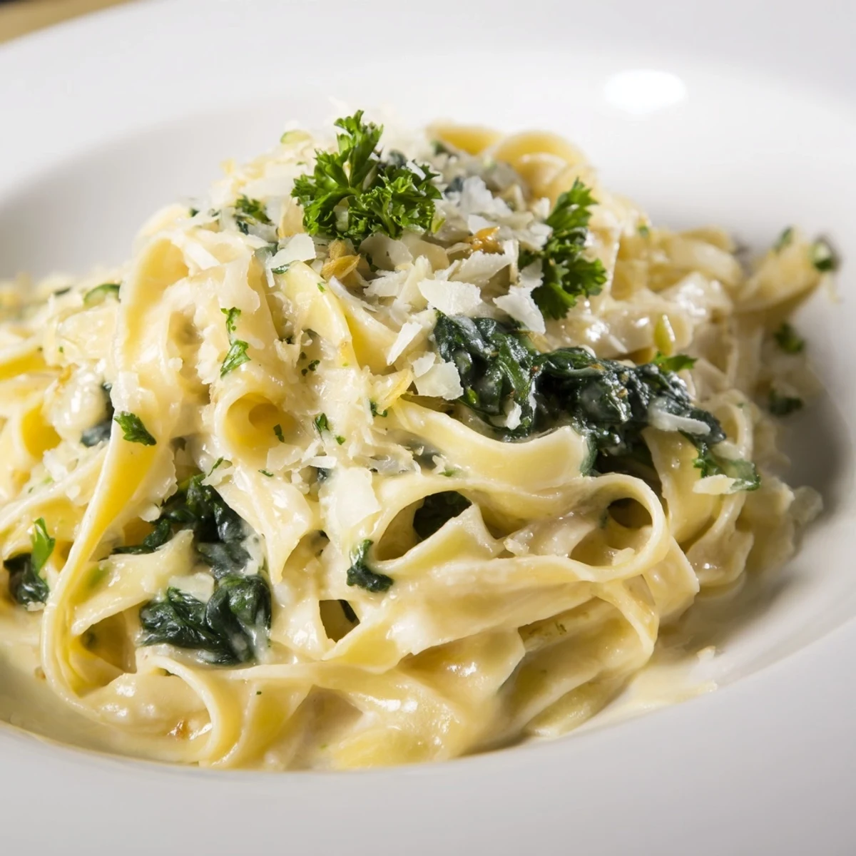 Tempting view of Creamy Garlic Spinach Pasta; fettuccine and spinach bathed in a rich, garlic-infused sauce.
