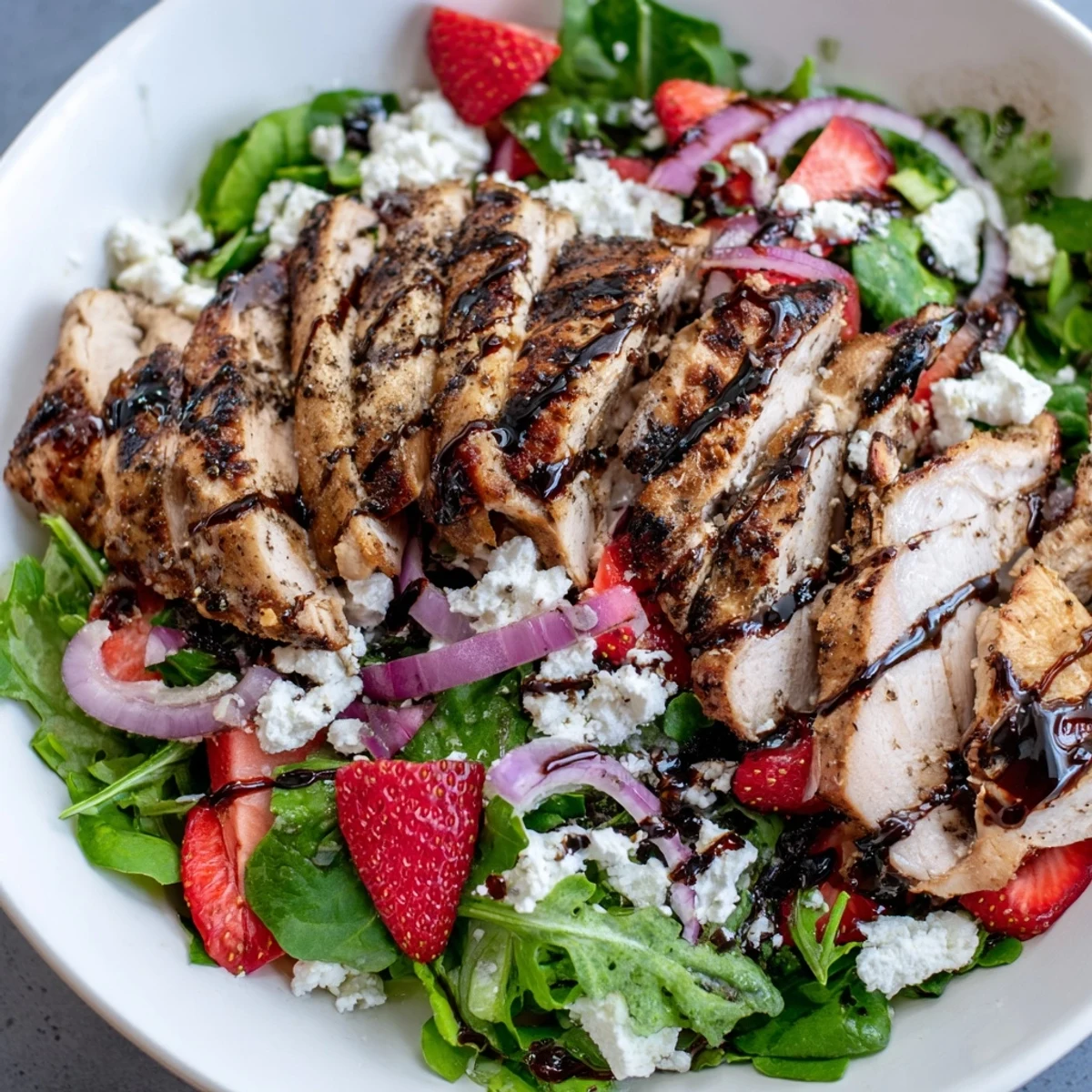 Freshly plated Strawberry Balsamic Chicken Salad with glistening balsamic glaze, a summer delight.