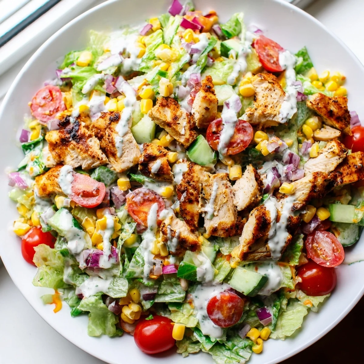 Ranch Chicken Chopped Salad with a creamy dressing, visible fresh ingredients like corn and tomatoes.