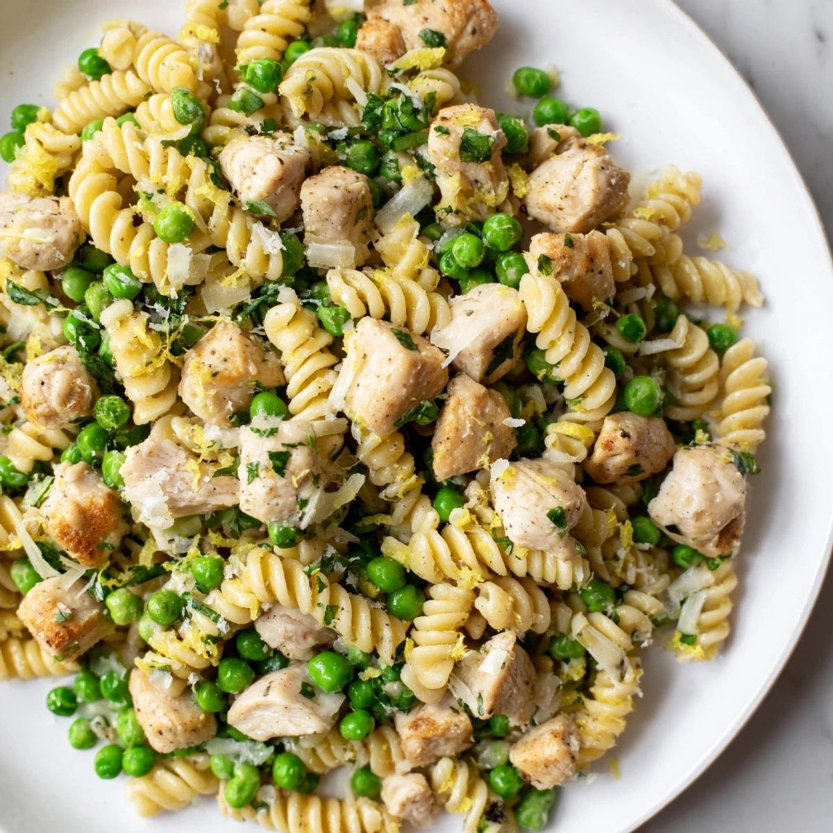 Garlic Butter Chicken & Pea Pasta, a delicious bowl of pasta with golden chicken and vibrant peas.
