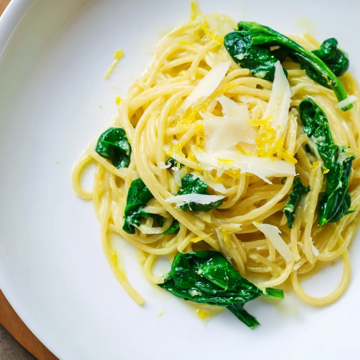 A plate of creamy lemon spinach spaghetti, a comforting vegetarian Italian dish.
