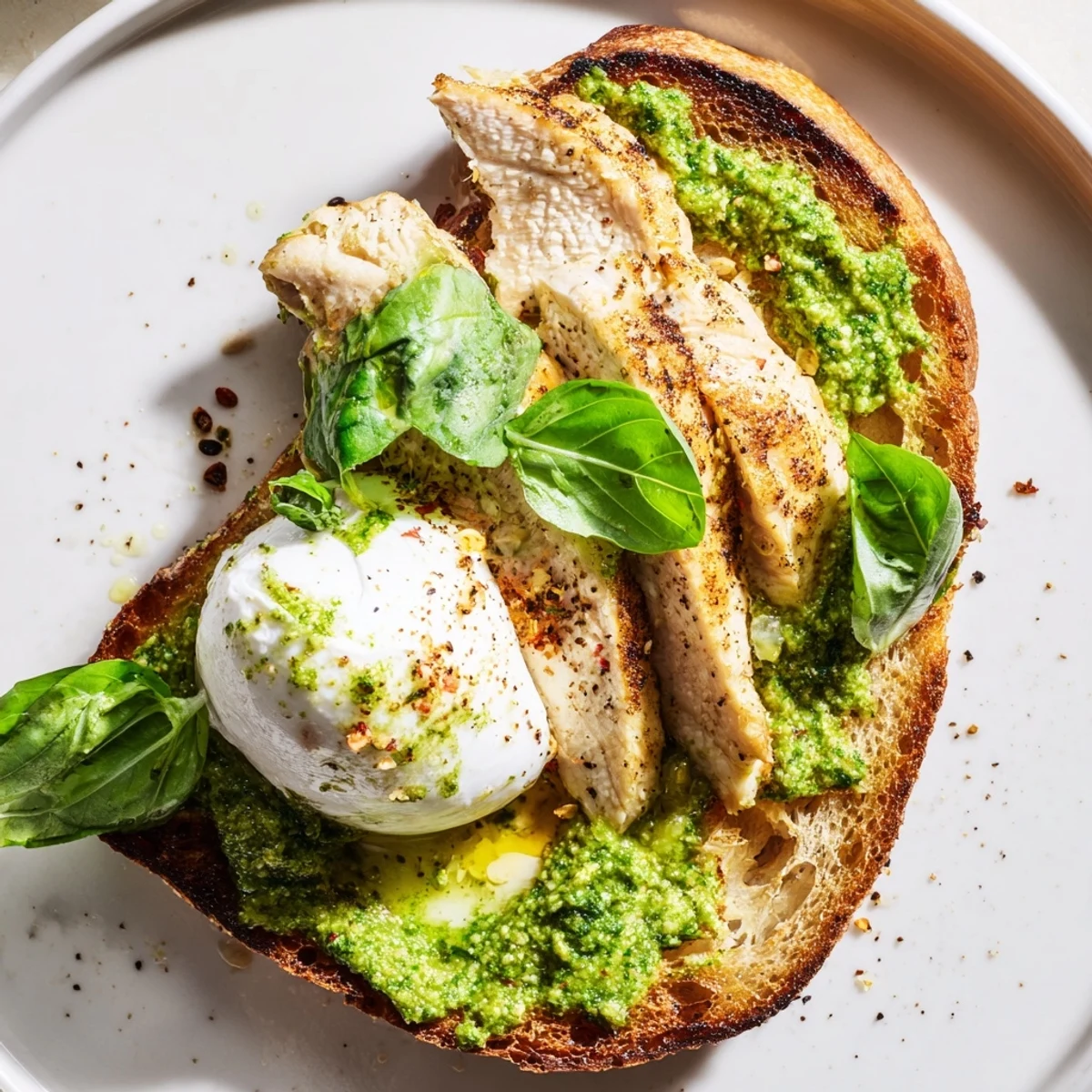 Golden-brown pesto chicken burrata toast topped with creamy cheese, ready to eat alongside fresh basil.