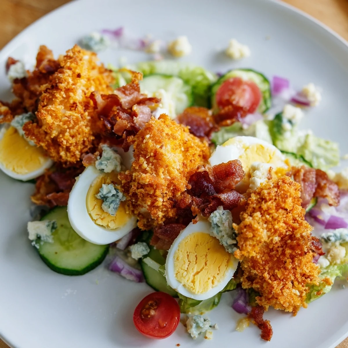 Crispy Chicken Cobb Jar Salad layers include golden chicken, creamy dressing, and fresh veggies for lunch.