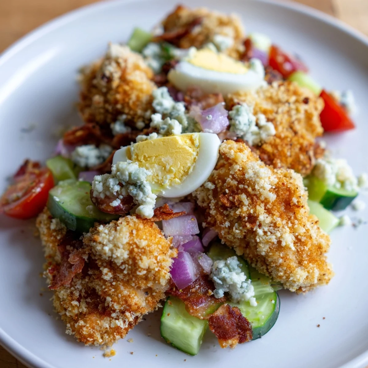 This layered Crispy Chicken Cobb Jar Salad features colorful ingredients and flavorful crispy chicken bites.