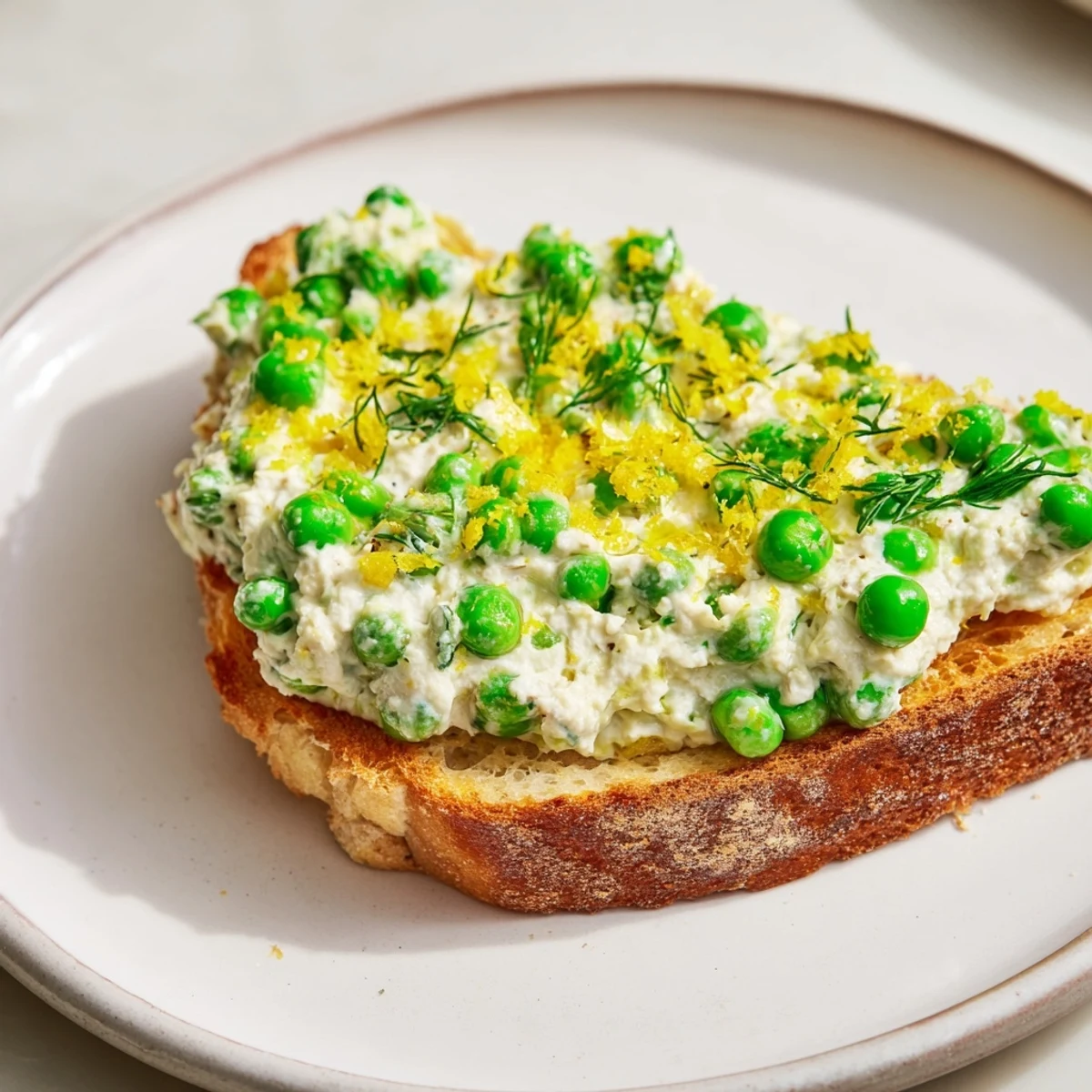 Close-up of fresh pea & mint ricotta toast with bright lemon zest, ready to enjoy.