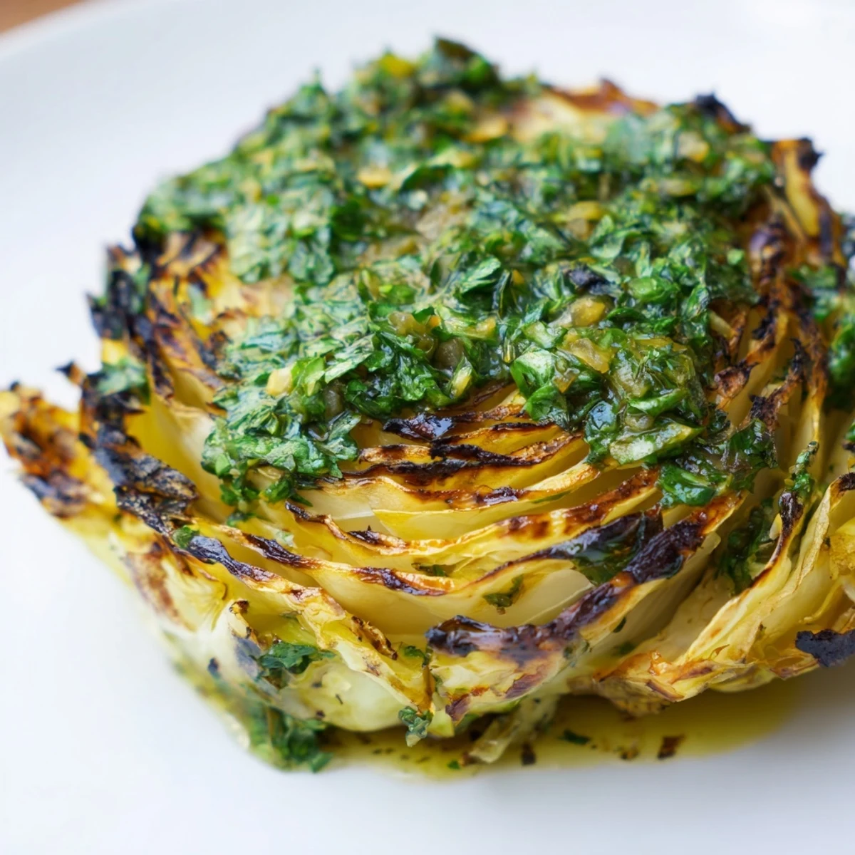 Goldbraun geröstete Cabbage Steaks mit frischer Jalapeño Chimichurri auf einem weißen Teller.