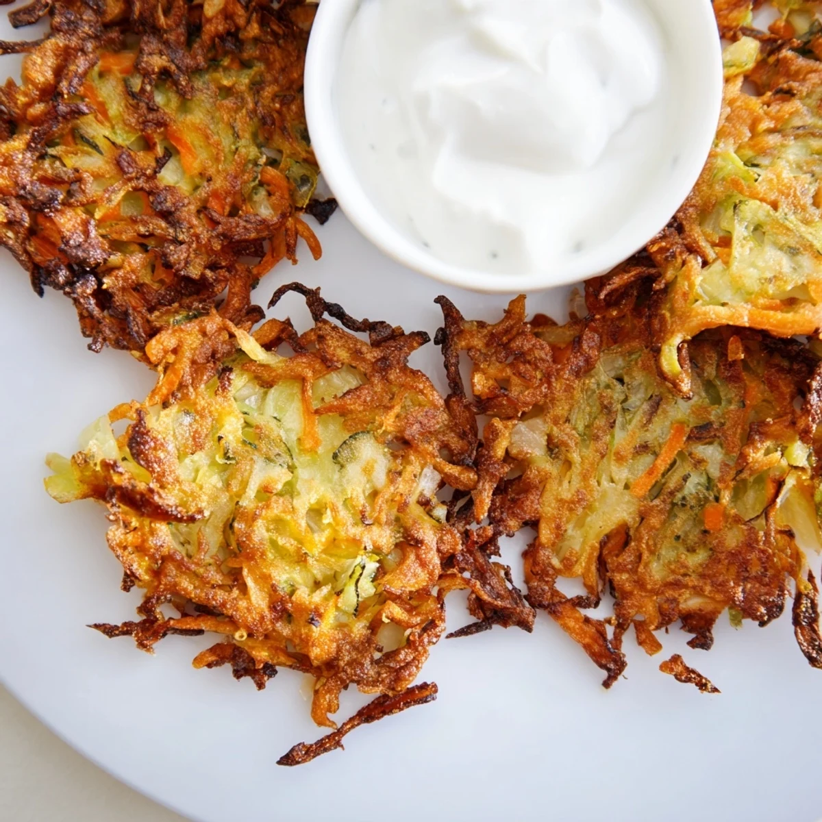 Savory cabbage fritters with crispy edges, paired with a tangy lemon-dijon yogurt dip perfect for parties and gatherings.