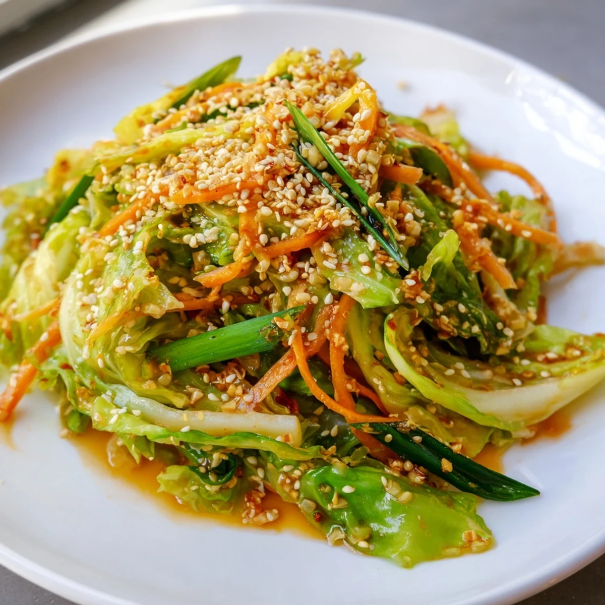 Ein Teller mit knusprigem, scharf-saurem Kohl, garniert mit frischen Frühlingszwiebeln und geröstetem Sesam, fertig zum Servieren.