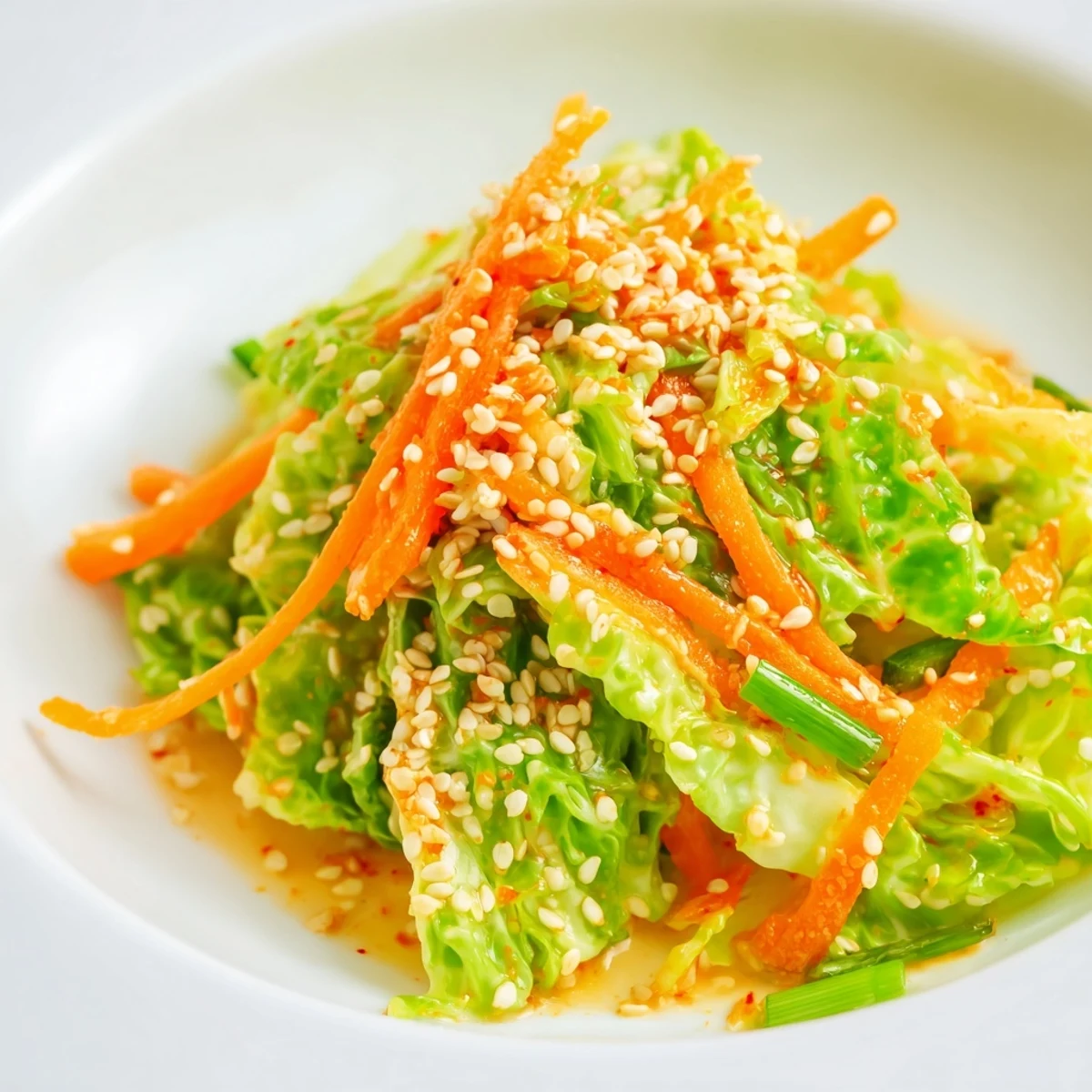 Chinesischer Hot and Sour Cabbage als bunte, vegane Beilage auf einem hellen Teller für einen gesunden Abendtisch.