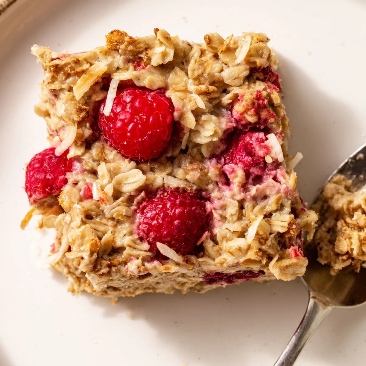 Müslibacken mit Himbeeren und Kokos, frisch aus dem Ofen mit goldbrauner Kruste, ideal zum Teilen an kalten Tagen.