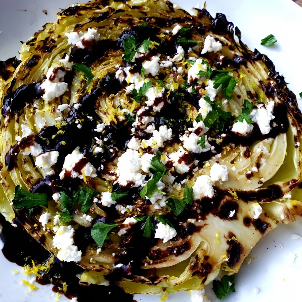 Goldbraune Röstkohlsteaks mit zerbröseltem Feta und einem Glasieren Balsamico-Dressing, auf einer frischen Petersilie garniert.  