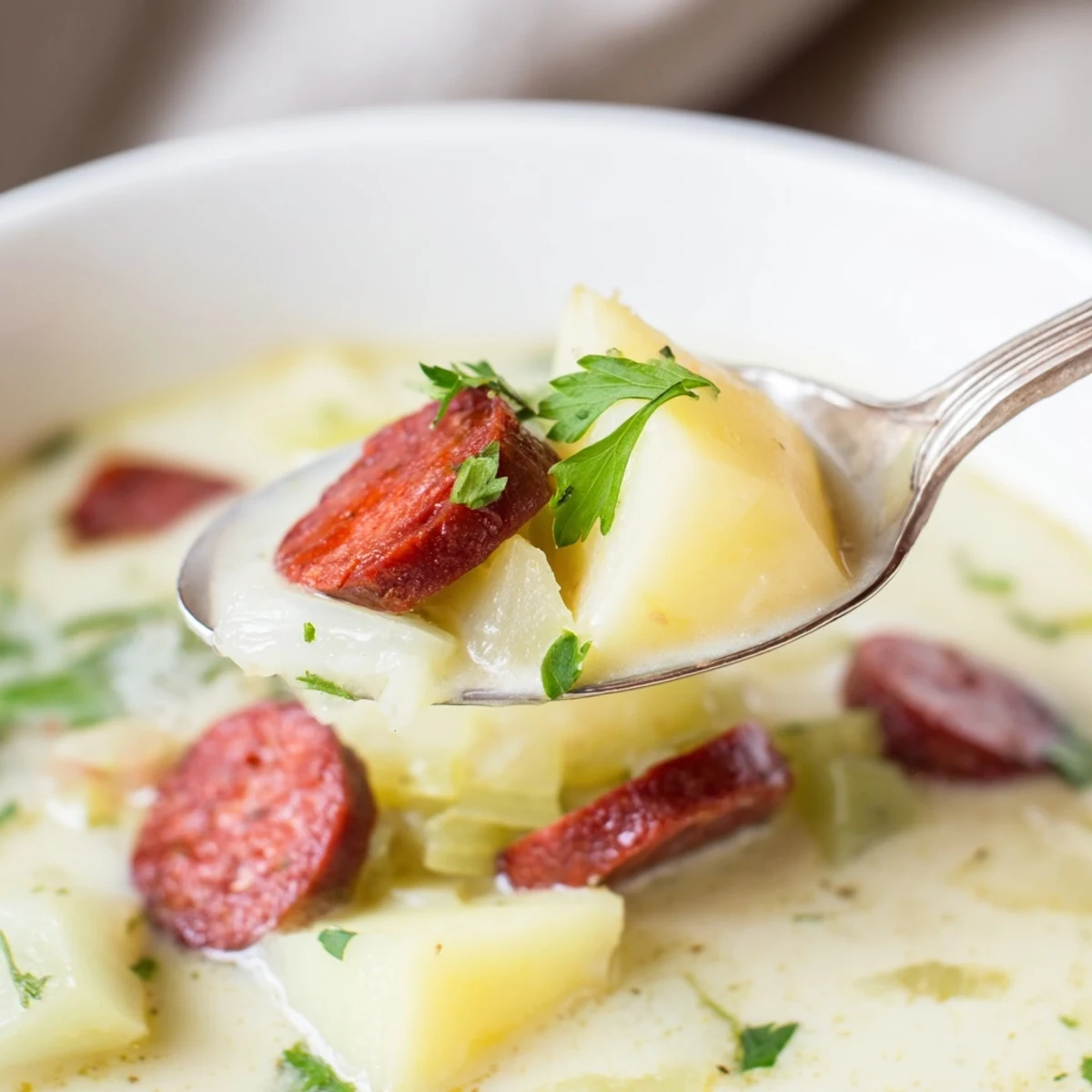 Ein aromatisches Potato, Leek and Chorizo Soup, zubereitet mit Olivenöl, Gewürzen und mit Brot serviert.