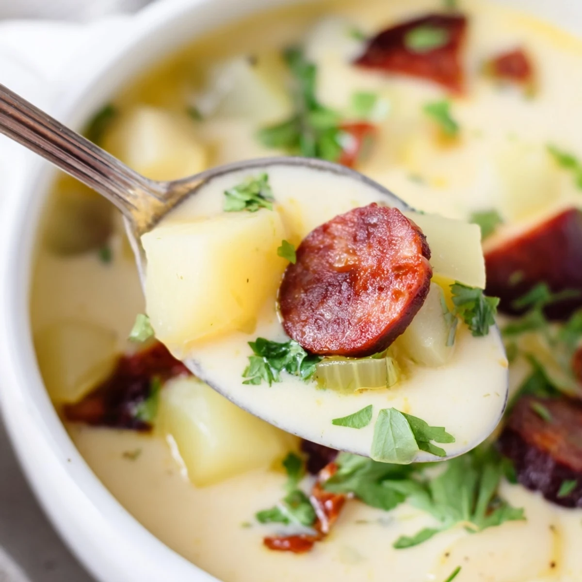Hearty Potato, Leek and Chorizo Soup garniert mit chorizo und Petersilie, perfekt für kalte Tage.