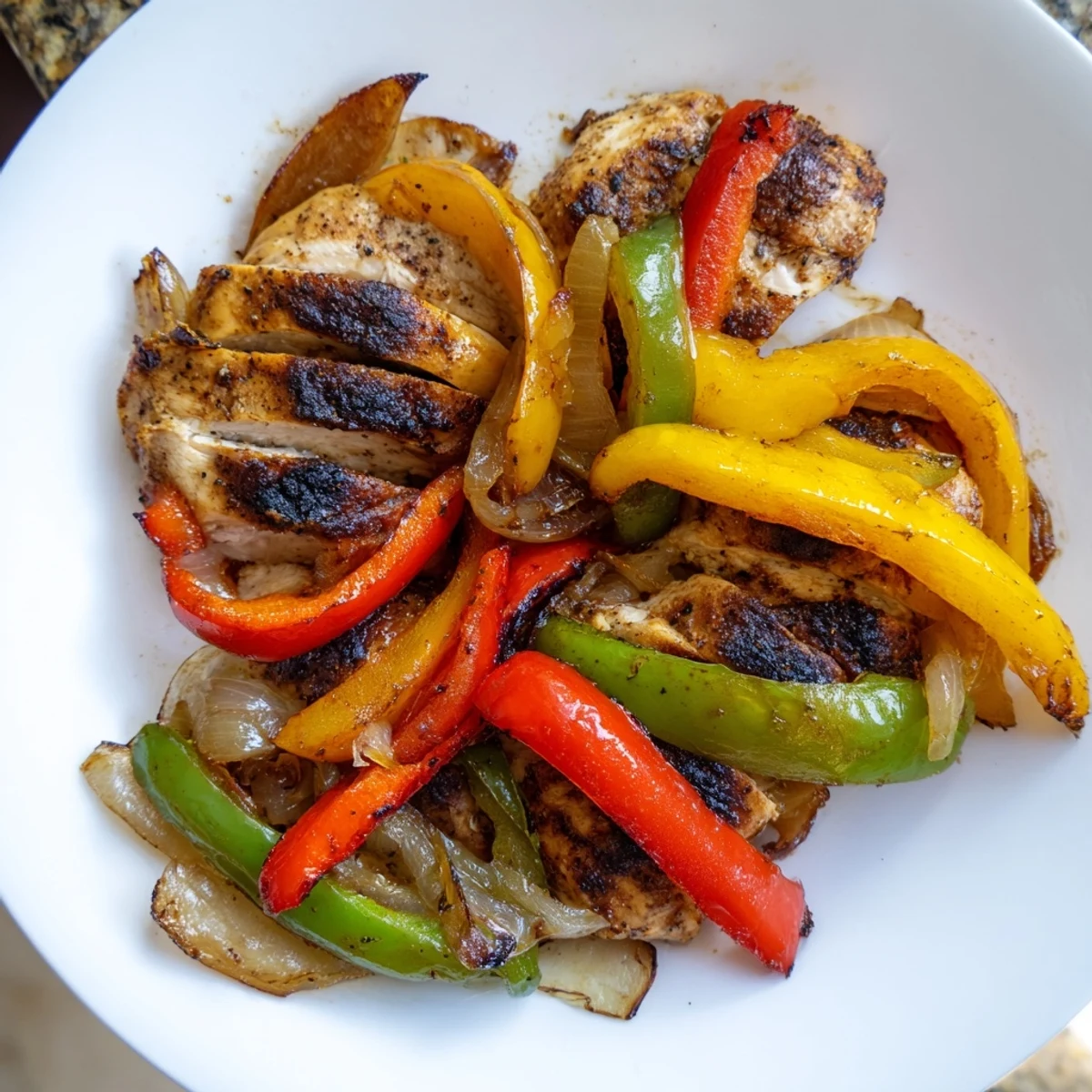 Zubereitete Easy Chicken Fajitas mit saftigem Hähnchen, Zwiebeln und cremigem Käse auf einem rustikalen Teller für den Mittagstisch.