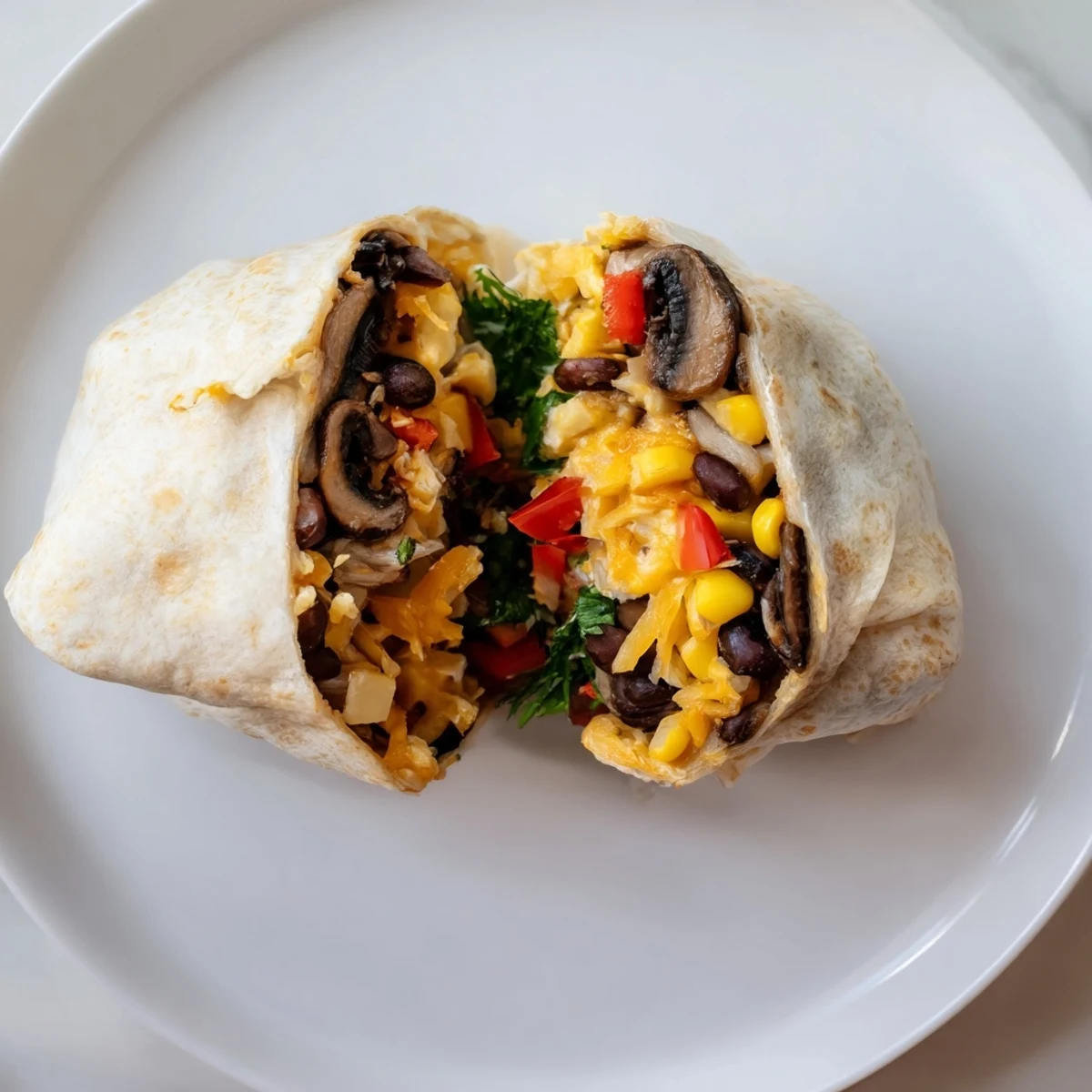 Heiße Veggie Burritos mit schwarzen Bohnen, Mais und geschmolzenem Käse, bereit zum Genießen.