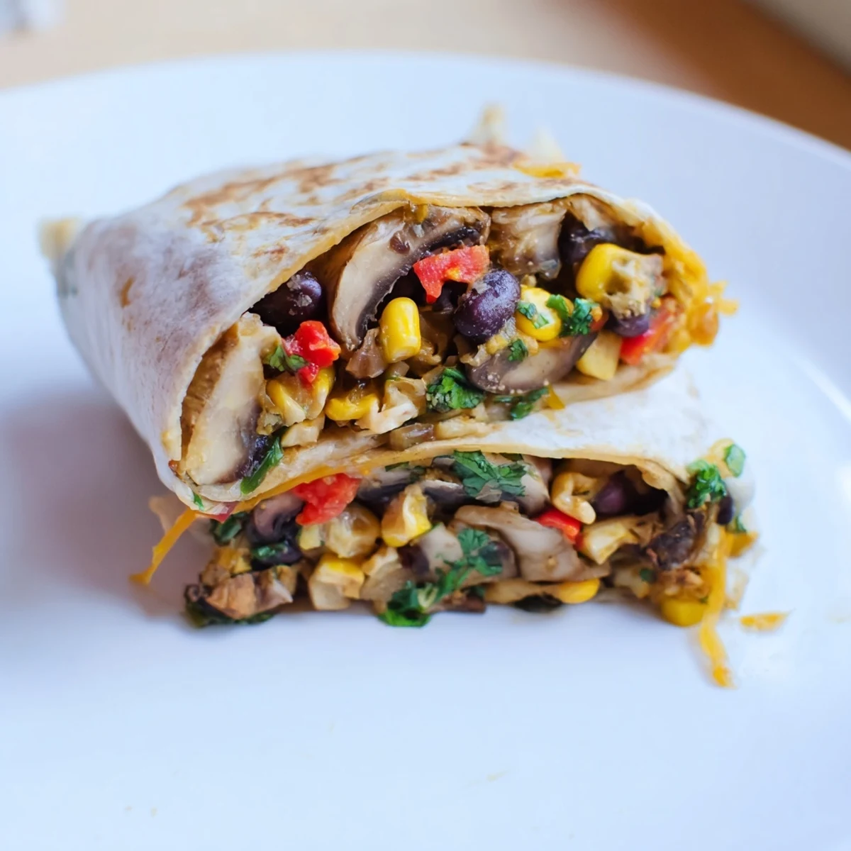 Farbenfrohe Veggie Burritos mit Bohnen-Mais-Füllung, frischer Koriandernote und würziger Salsa auf dem Teller.