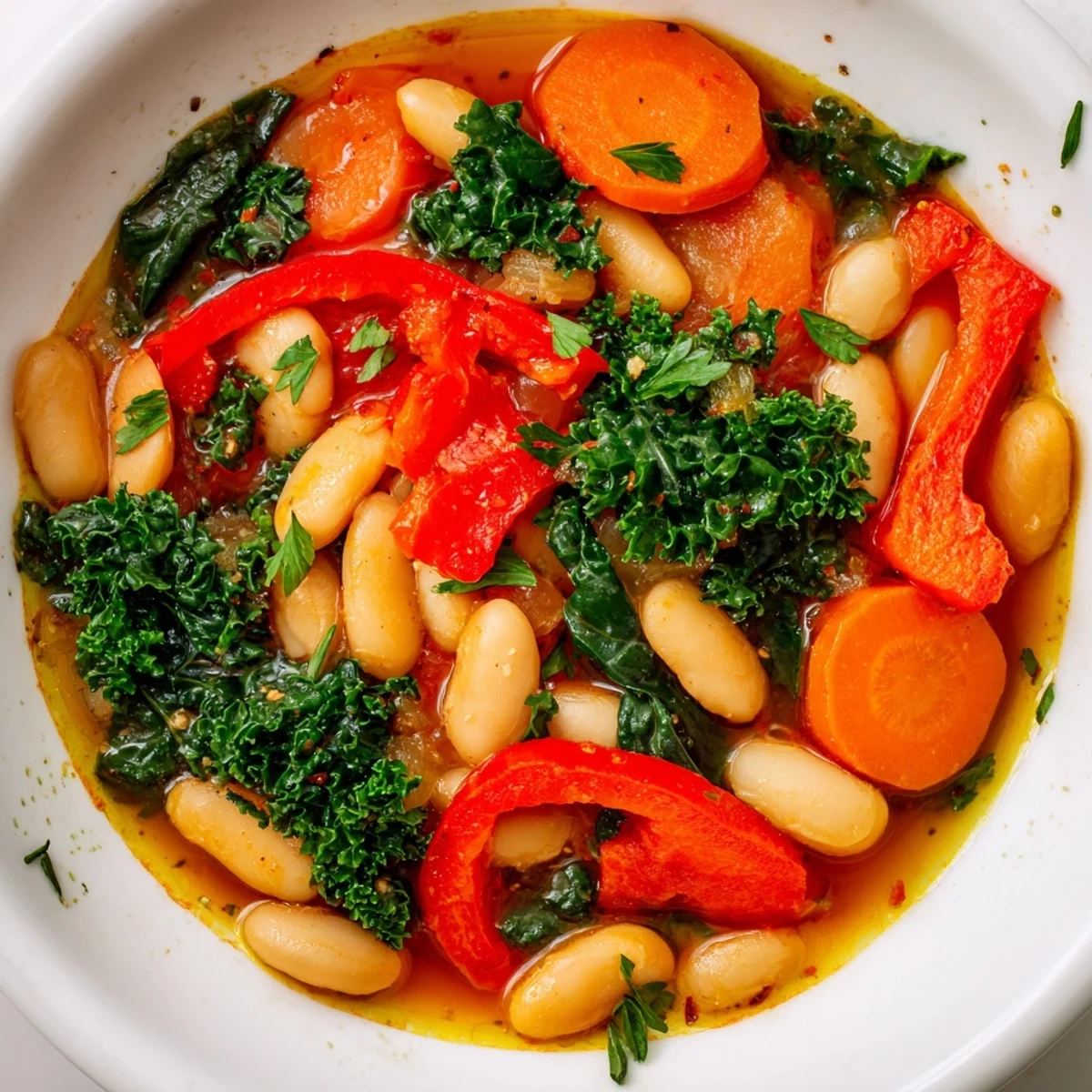 Spoon lifting a portion of Mediterranean White Bean Stew, revealing chunks of white beans, red bell pepper, and wilted greens.