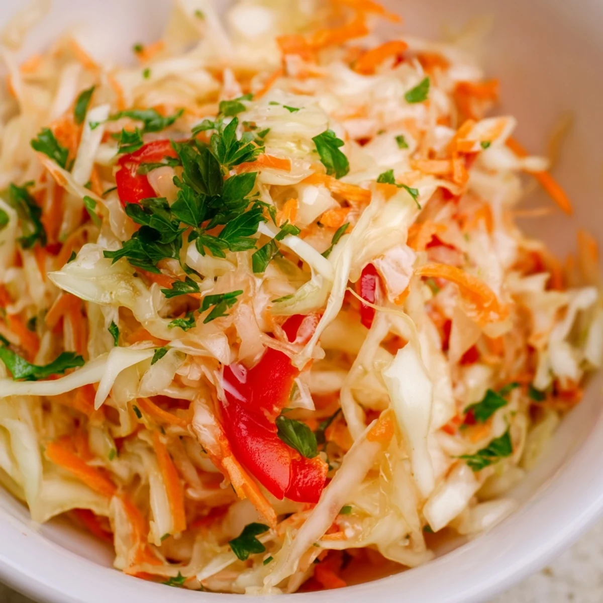 Colorful Sauerkraut Slaw served in a bowl, garnished with fresh parsley, perfect for summer picnics.