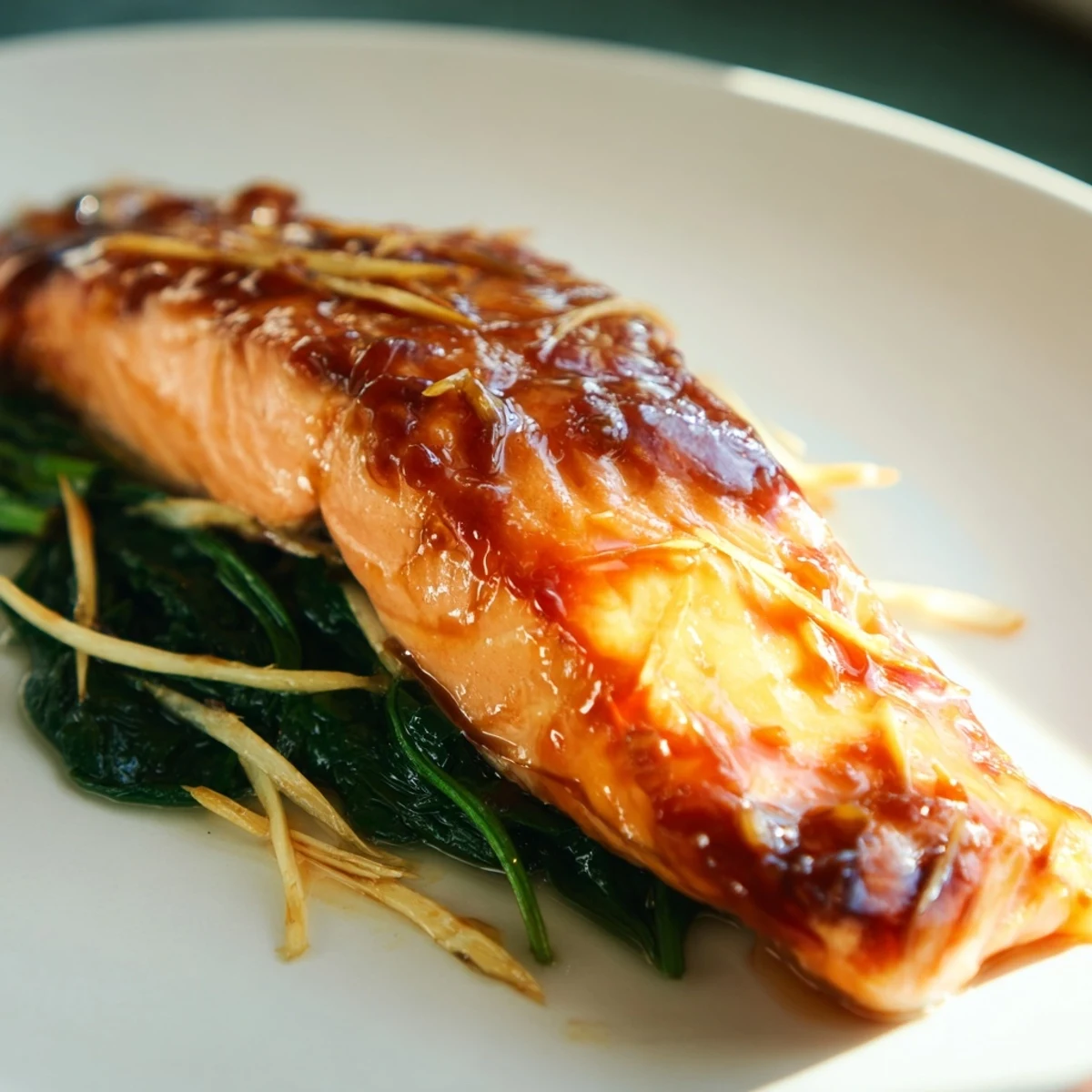 Gekochte Miso-Lachsfilets auf einer Pfanne von Babyspinat mit frischem Ingwer und Zitronenscheiben serviert.