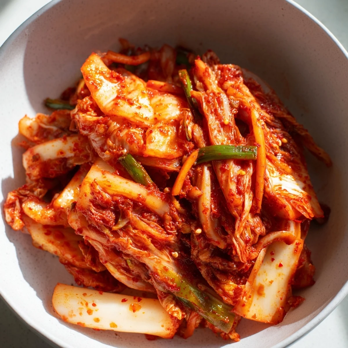 Scharfes Kimchi aus fermentiertem Napa-Kohl und Rettich, würzig mit Knoblauch, Ingwer und frischem Chili.