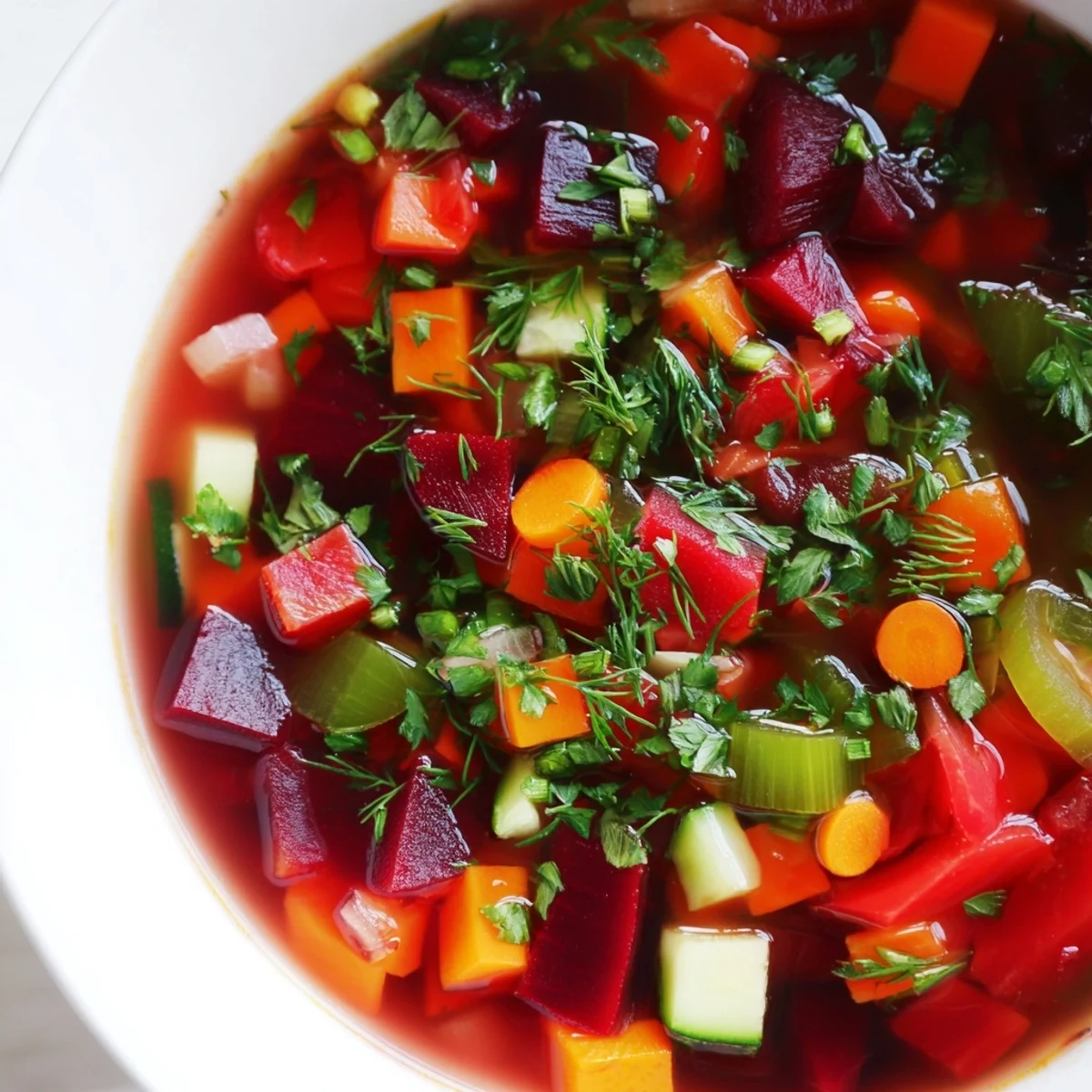 Eine dampfende Schüssel der Rainbow Vegetable Detox Soup mit buntem Gemüse und frischen Kräutern, garniert mit einem Spritzer Zitronensaft.  
