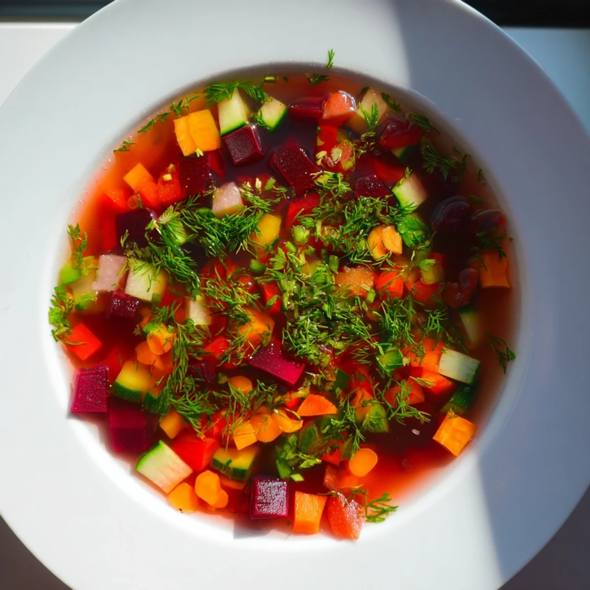 Farbenfrohe Bowl der Rainbow Vegetable Detox Soup mit weichen Gemüsestücken und frischer Petersilie, perfekt für einen gesunden Detox-Abend.